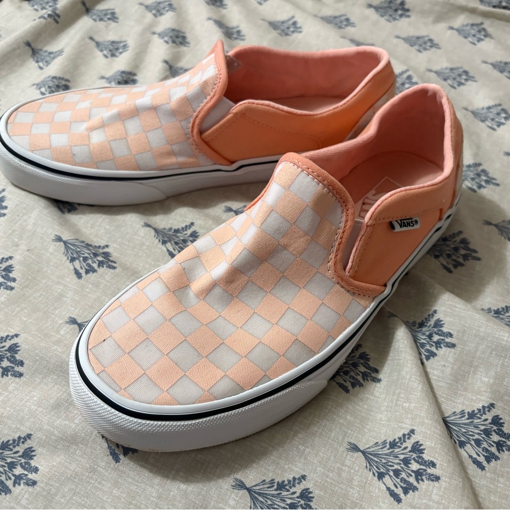 Vans Women’s Slip-On Shoes - Peach and White Checkered